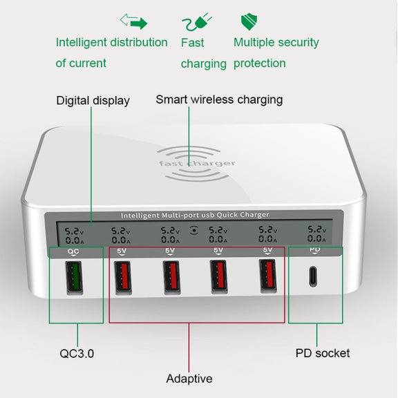 818PF 5 USB Ports + Type-C Smart Digital Display Wireless Phone Charger, Style: US Plug (Black)