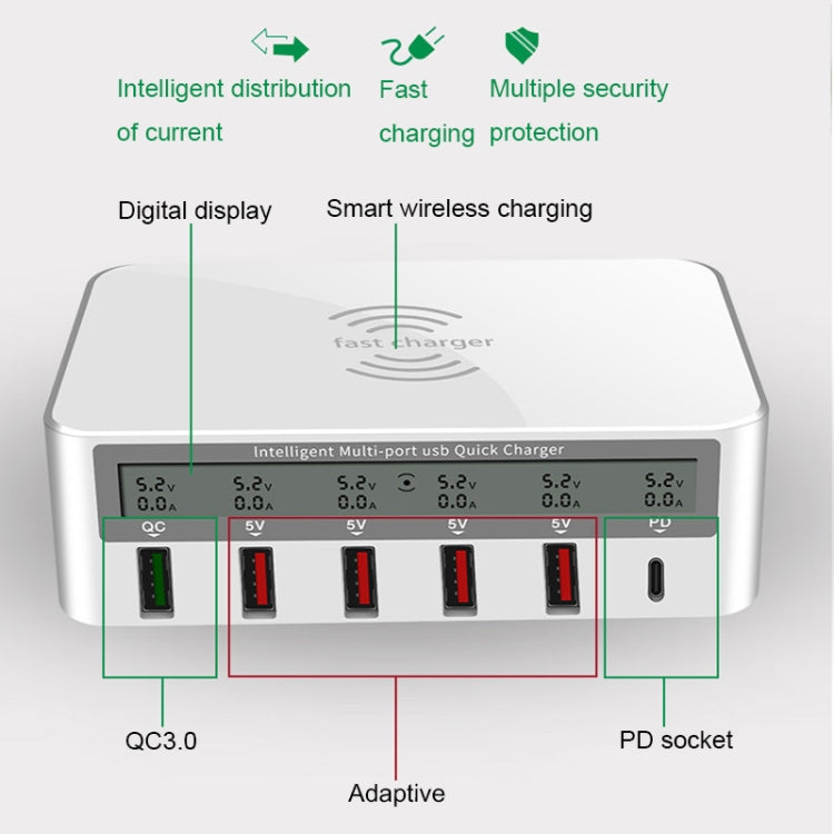 818PF 5 USB Ports + Type-C Smart Digital Display Wireless Phone Charger, Style: EU Plug (Black)