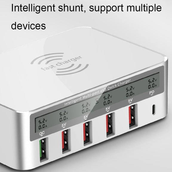 818PF 5 USB Ports + Type-C Smart Digital Display Wireless Phone Charger, Style: UK Plug (White)