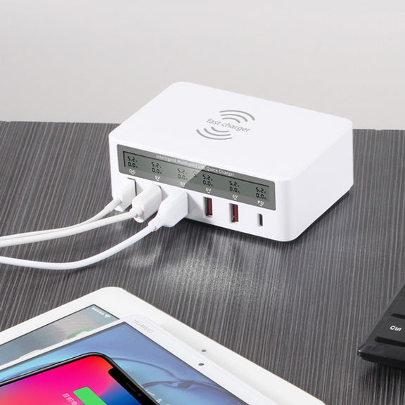 818PF 5 USB Ports + Type-C Smart Digital Display Wireless Phone Charger, Style: US Plug (Black)