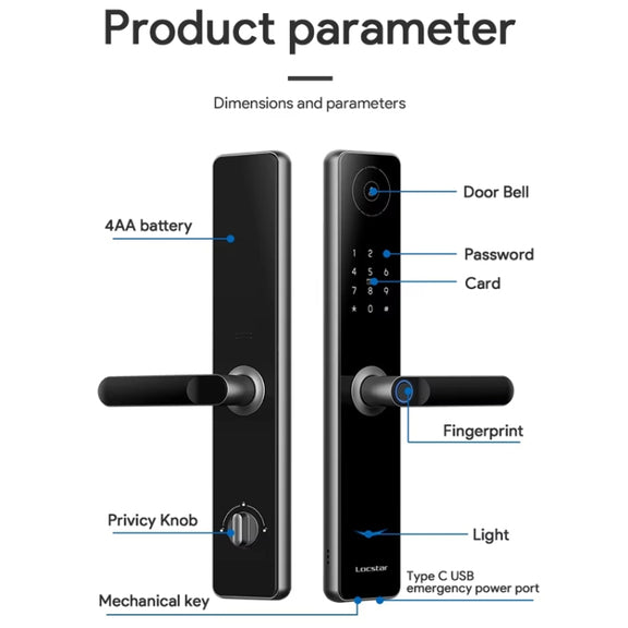 A60 Smart Fingerprint Password Door Lock With Doorbell, Spec: Basic Version Gray