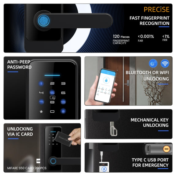 C89 Smart Fingerprint Password Lock Home Indoor Door TUYA System Lock(Black)