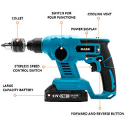 HILDA 12pcs /Set Li-Ion Power Hammer Electrical Impact Drill, Model: 2 Battery+1 Charger EU Plug