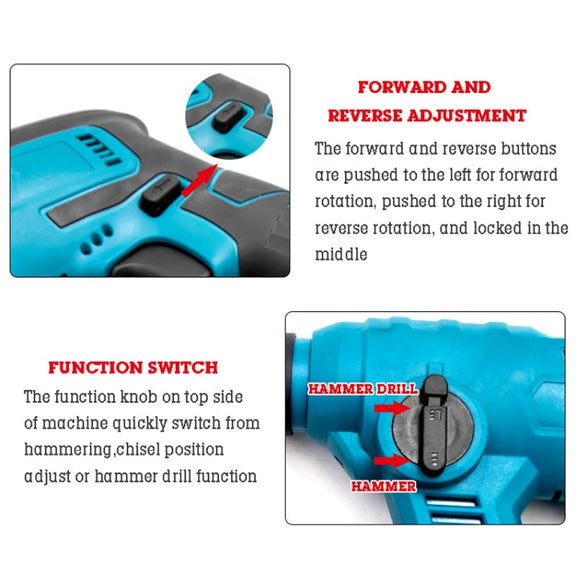 HILDA 12pcs /Set Li-Ion Power Hammer Electrical Impact Drill, Model: 2 Battery+1 Charger EU Plug