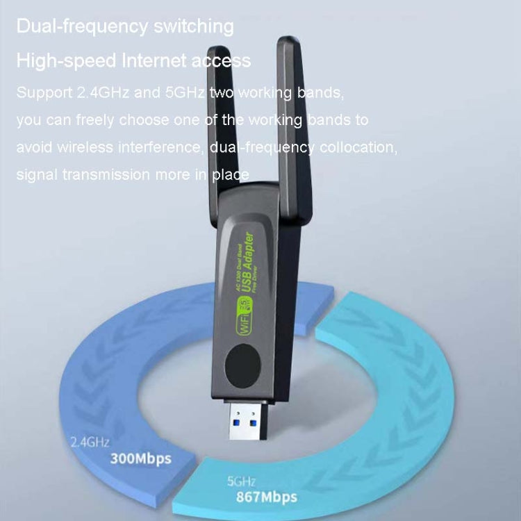 1300Mbps Wireless Network Card Gigabit Dual Band 5G Driverless Computer USB Network Card, Scope: 600m