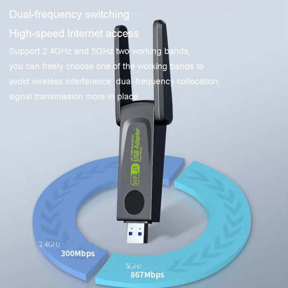 1300Mbps Wireless Network Card Gigabit Dual Band 5G Driverless Computer USB Network Card, Scope: 600m