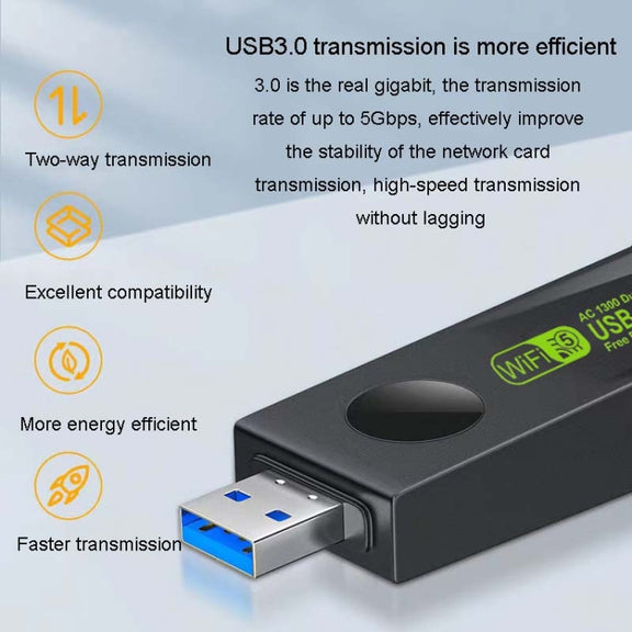 1300Mbps Wireless Network Card Gigabit Dual Band 5G Driverless Computer USB Network Card, Scope: 600m