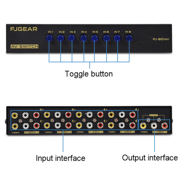 FJGEAR FJ-801AV Audio Video Switcher 8 In 1 Out CVBS Switcher