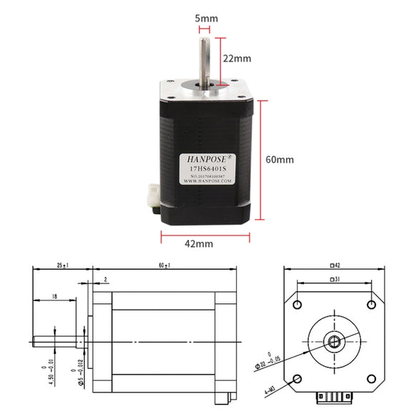 HANPOSE  17HS6401S 12V 1.7A 60mm 70N.cm  4-lead Stepper Motor