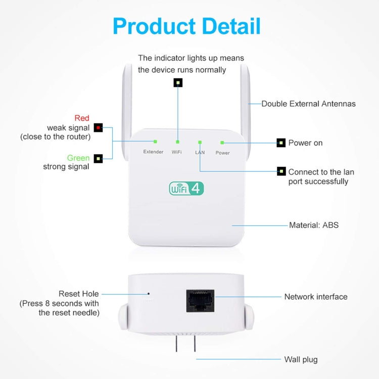 2.4G 300M Wi-Fi Amplifier Long Range WiFi Repeater Wireless Signal Booster US Plug White