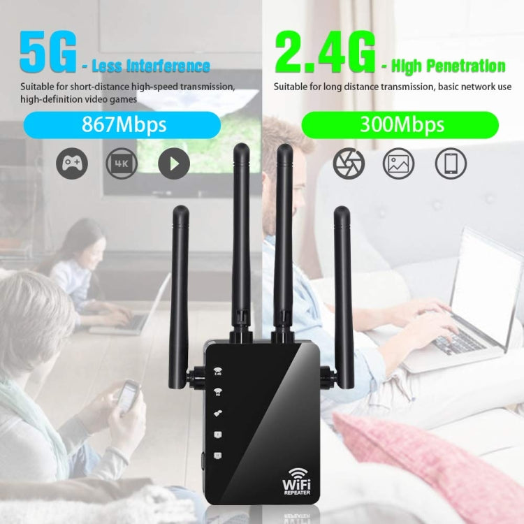 5G/2.4G 1200Mbps WiFi Range Extender WiFi Repeater With 2 Ethernet Ports US Plug Black
