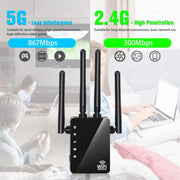 5G/2.4G 1200Mbps WiFi Range Extender WiFi Repeater With 2 Ethernet Ports US Plug Black