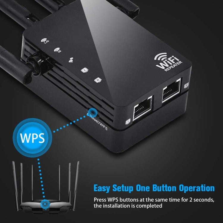 5G/2.4G 1200Mbps WiFi Range Extender WiFi Repeater With 2 Ethernet Ports US Plug Black