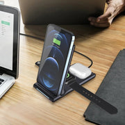 15W 3-in-1 Foldable Portable Multifunctional Stand Wireless Charger(Black)