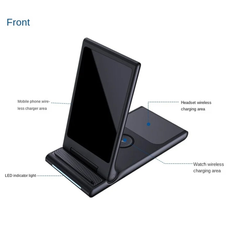 15W 3-in-1 Foldable Portable Multifunctional Stand Wireless Charger(Black)