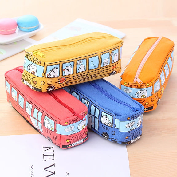 Cartoon Bus Student Stationery Pencil Case Large Capacity Canvas Stationery Box(Yellow)