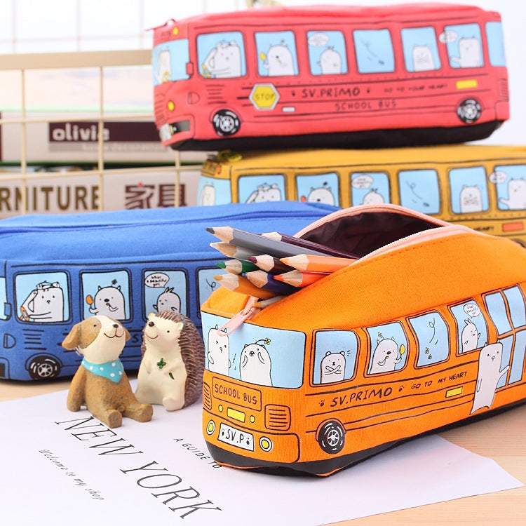 Cartoon Bus Student Stationery Pencil Case Large Capacity Canvas Stationery Box(Yellow)