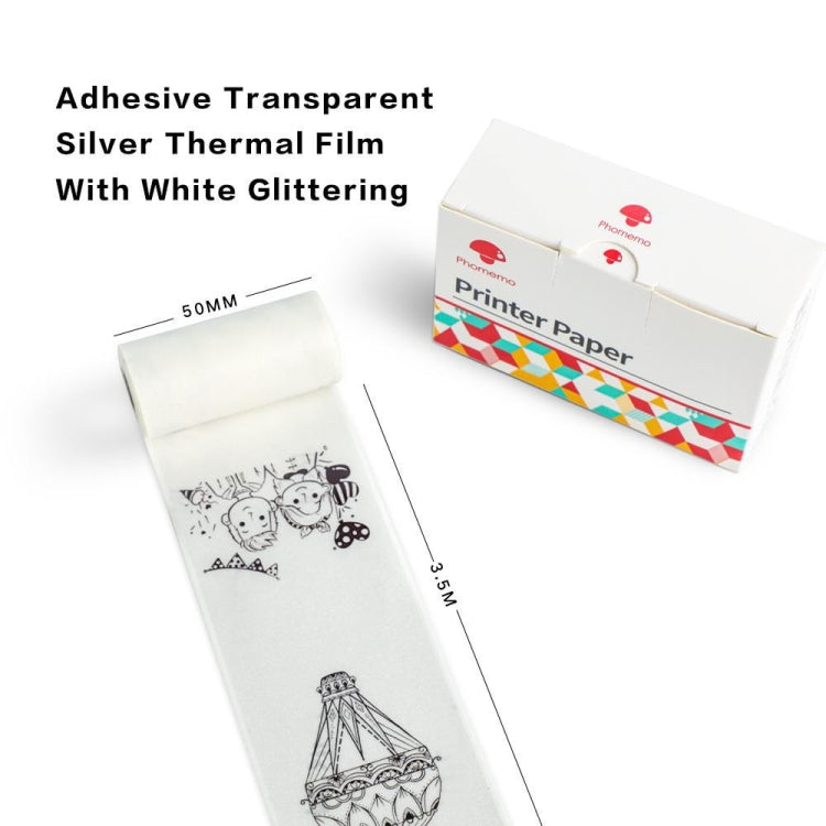For Phomemo M02 / M02S / M02Pro 3rolls /Pack 50mm Anti-Dry Glue Thermal Labels(White Glitter Full Transparent Black Letter)