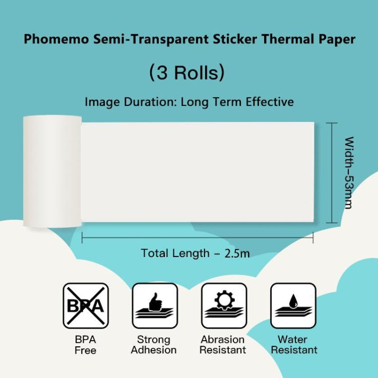 Phomemo 3rolls /Pack 50mm Translucent Bottom Black Words Self-Adhesive Printer Sensitive Label Printing Paper For M02 / M02S / M02Pro / M03