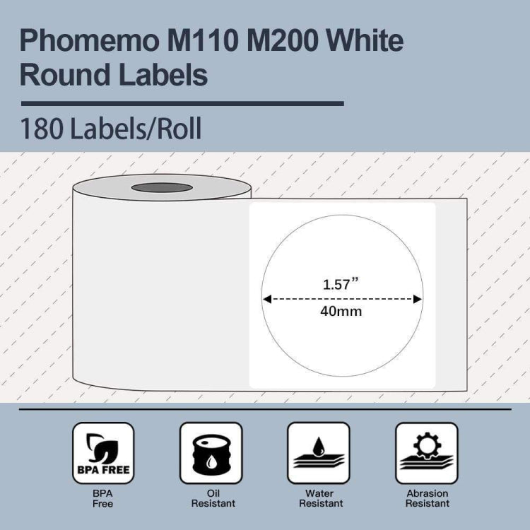 For Phomemo M110 / M200 180pcs /Roll 40x40mm Round Self-Adhesive Thermal Labels