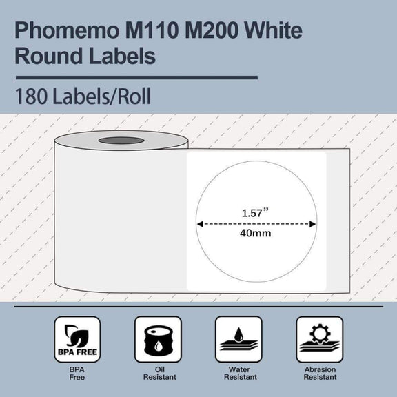 For Phomemo M110 / M200 180pcs /Roll 40x40mm Round Self-Adhesive Thermal Labels