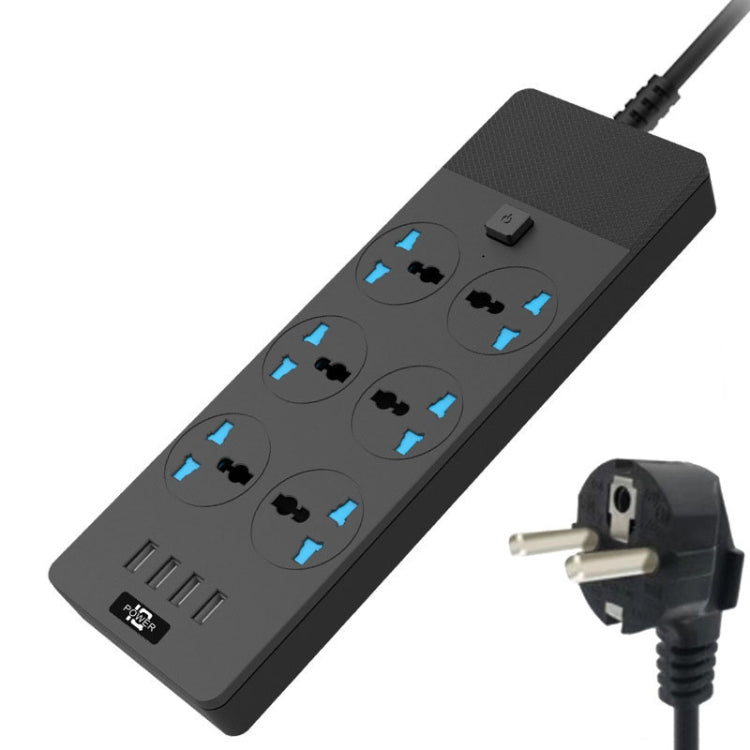 TB-T12 3000W 2m 4-USB Ports + 6-Jacks Multifunctional Flame-Retardant Socket With Switch(EU Plug)