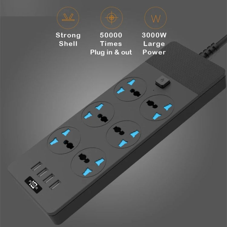 TB-T12 3000W 2m 4-USB Ports + 6-Jacks Multifunctional Flame-Retardant Socket With Switch(EU Plug)
