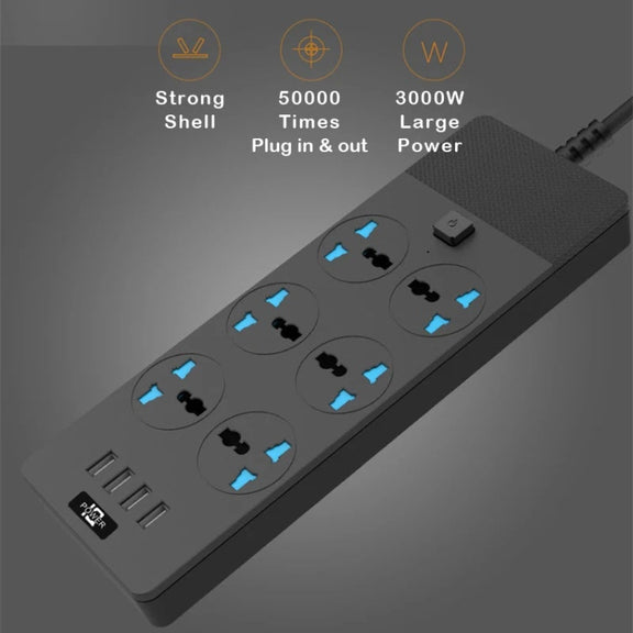 TB-T12 3000W 2m 4-USB Ports + 6-Jacks Multifunctional Flame-Retardant Socket With Switch(UK Plug)