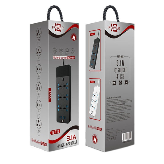 TB-T12 3000W 2m 4-USB Ports + 6-Jacks Multifunctional Flame-Retardant Socket With Switch(EU Plug)