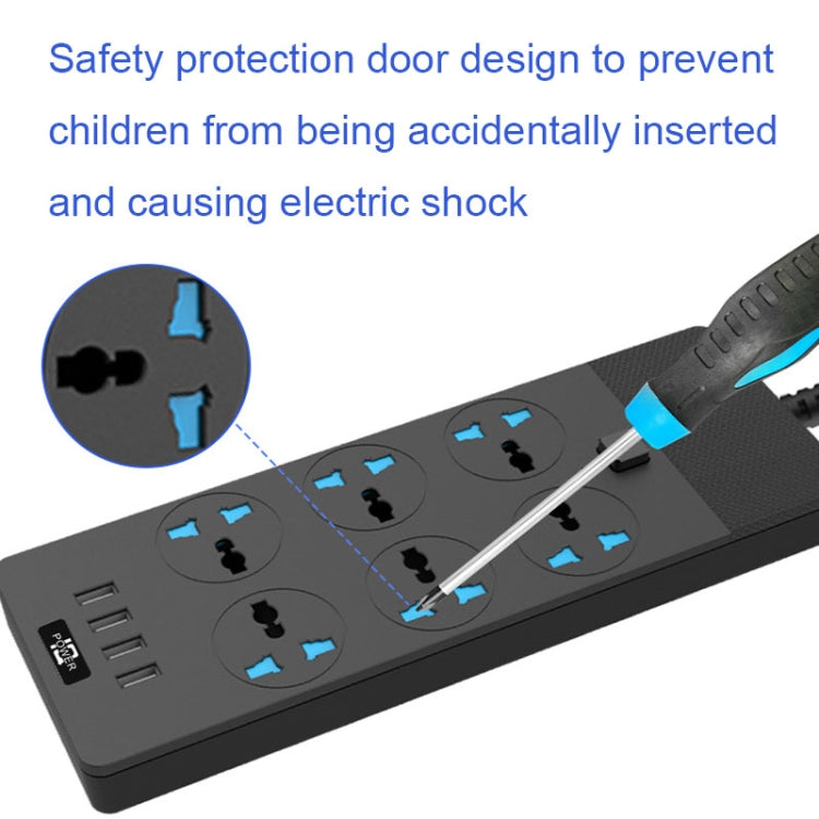 TB-T12 3000W 2m 4-USB Ports + 6-Jacks Multifunctional Flame-Retardant Socket With Switch(UK Plug)