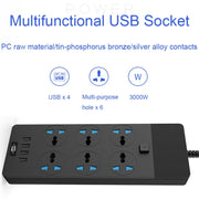 TB-T12 3000W 2m 4-USB Ports + 6-Jacks Multifunctional Flame-Retardant Socket With Switch(EU Plug)