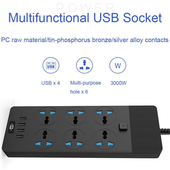 TB-T12 3000W 2m 4-USB Ports + 6-Jacks Multifunctional Flame-Retardant Socket With Switch(EU Plug)
