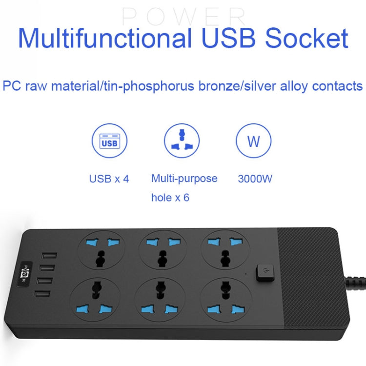 TB-T12 3000W 2m 4-USB Ports + 6-Jacks Multifunctional Flame-Retardant Socket With Switch(UK Plug)