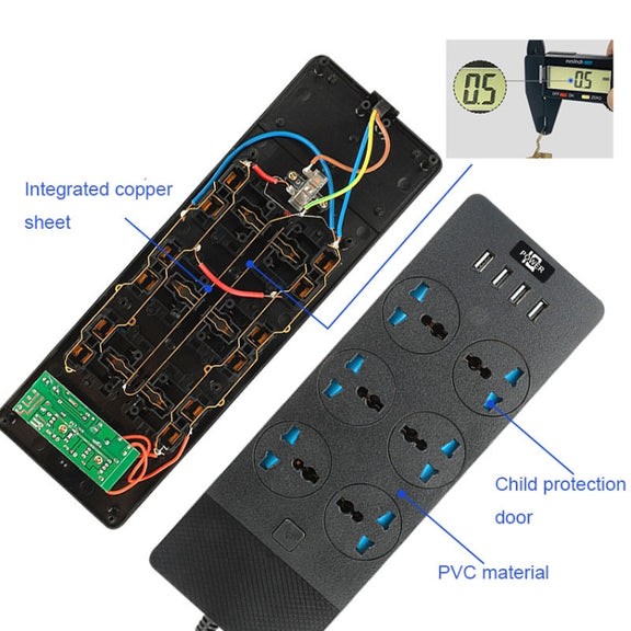TB-T12 3000W 2m 4-USB Ports + 6-Jacks Multifunctional Flame-Retardant Socket With Switch(UK Plug)