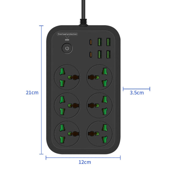 T24 2m 3000W 6 Plugs + PD + 4-USB Ports Multifunctional Flame-Retardant Socket With Switch(UK Plug)