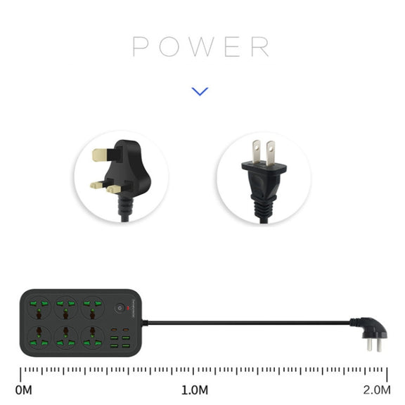 T24 2m 3000W 6 Plugs + PD + 4-USB Ports Multifunctional Flame-Retardant Socket With Switch(UK Plug)