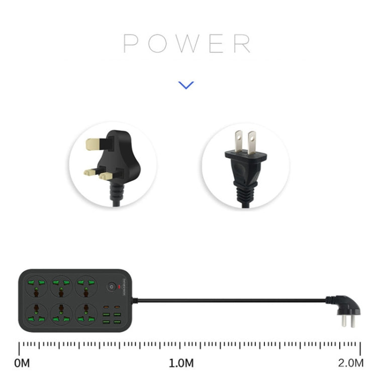T24 2m 3000W 6 Plugs + PD + 4-USB Ports Multifunctional Flame-Retardant Socket With Switch(US Plug)