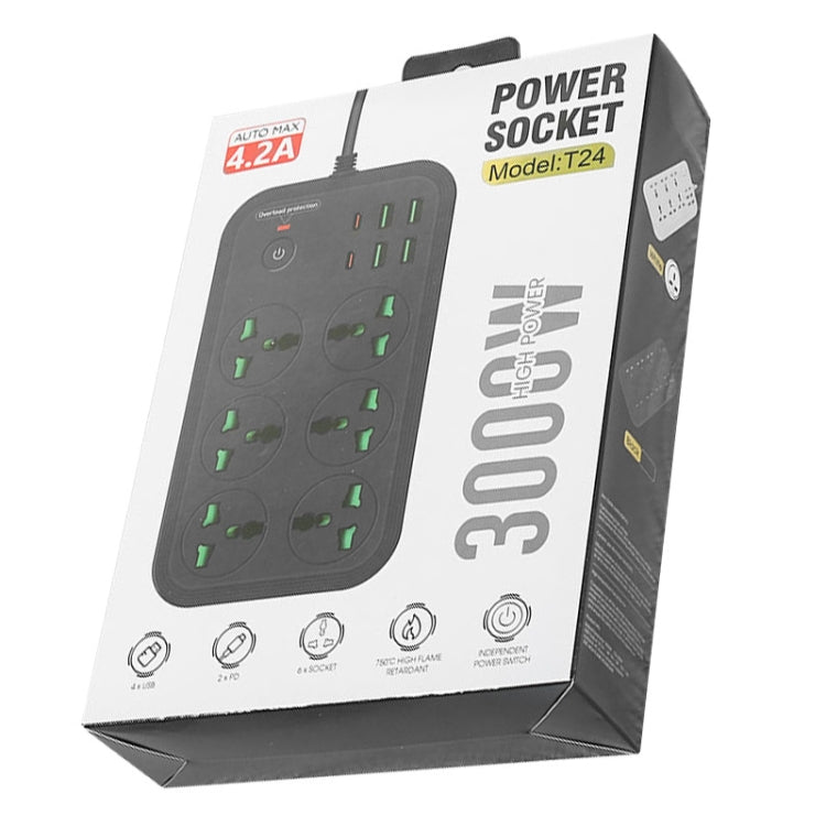 T24 2m 3000W 6 Plugs + PD + 4-USB Ports Multifunctional Flame-Retardant Socket With Switch(US Plug)