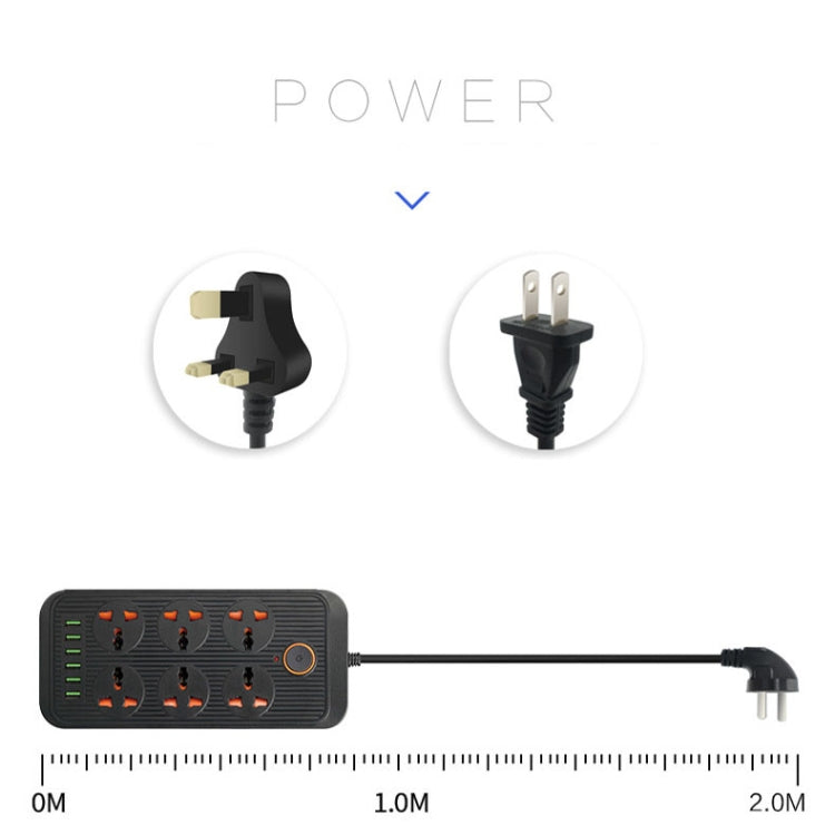 A07 2m 3000W 6 Plugs + 6-USB Ports Multifunctional Flame-retardant Socket with Switch(UK Plug)
