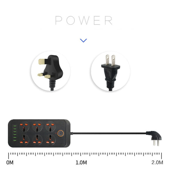 A07 2m 3000W 6 Plugs + 6-USB Ports Multifunctional Flame-retardant Socket with Switch(UK Plug)