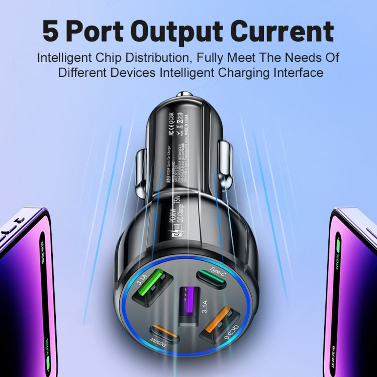 3USB+2PD 75W Dual Line Car Mobile Phone Fast Charging Charger(Black)