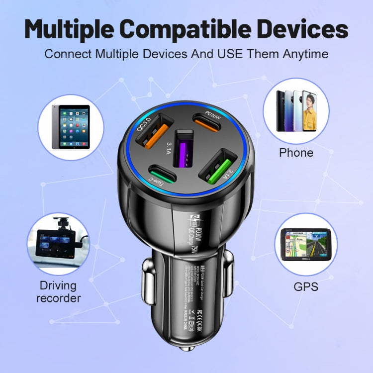 3USB+2PD 75W Dual Line Car Mobile Phone Fast Charging Charger(White)