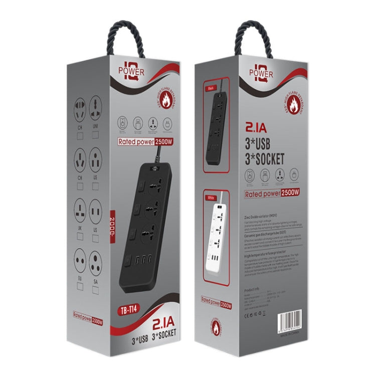 T14 2m 2500W 3 Plugs + 3-USB Ports Multifunctional Socket With Switch, Specification: US Plug (Black)