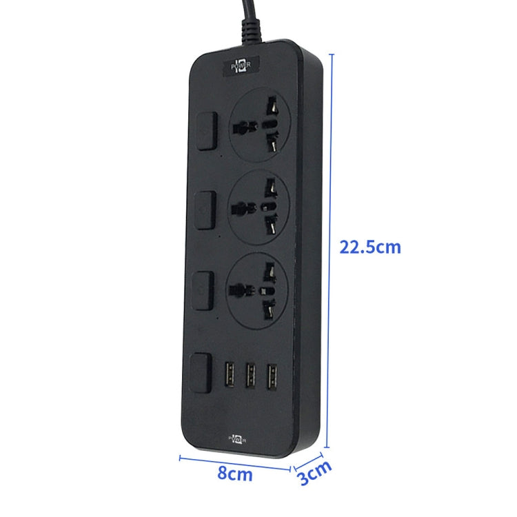 T14 2m 2500W 3 Plugs + 3-USB Ports Multifunctional Socket With Switch, Specification: US Plug (Black)