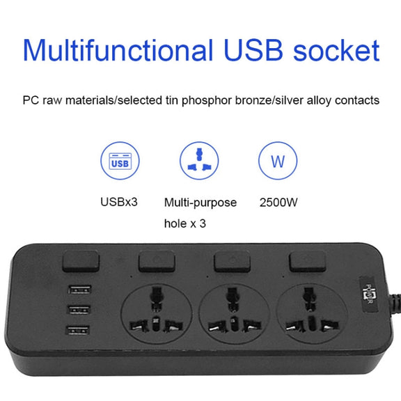 T14 2m 2500W 3 Plugs + 3-USB Ports Multifunctional Socket With Switch, Specification: EU Plug (White)
