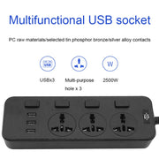 T14 2m 2500W 3 Plugs + 3-USB Ports Multifunctional Socket With Switch, Specification: US Plug (Black)