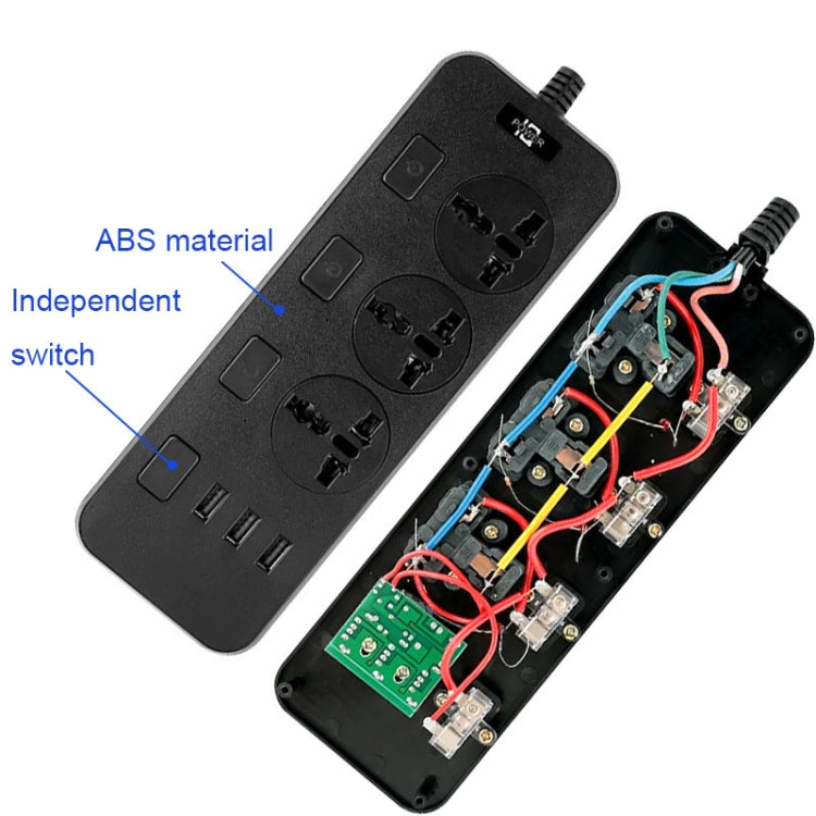 T14 2m 2500W 3 Plugs + 3-USB Ports Multifunctional Socket With Switch, Specification: EU Plug (Black)