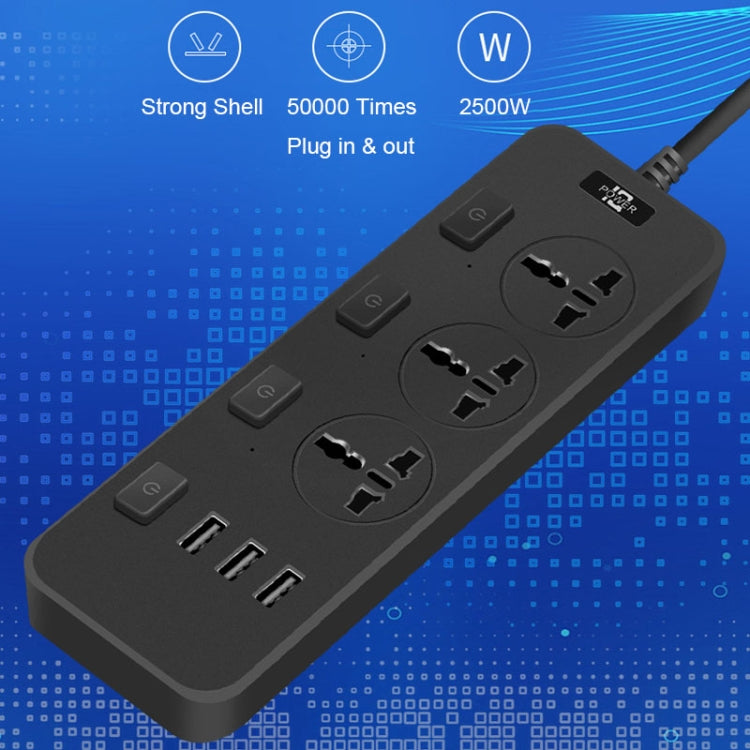 T14 2m 2500W 3 Plugs + 3-USB Ports Multifunctional Socket With Switch, Specification: US Plug (Black)