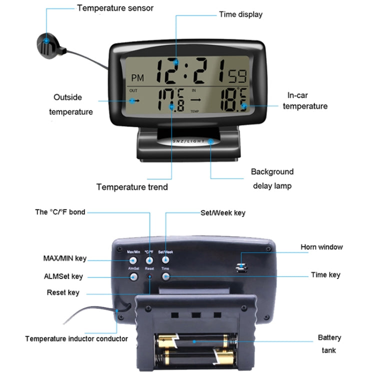 LCD Night Light Car Clock Automotive Electronics Inside And Outside Dual Thermometer
