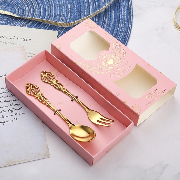 2pcs /Pack Retro Openwork Carved Dessert Spoon Fork Set Engraved Cutlery Gift Box, Style: Pink Box (Gold)
